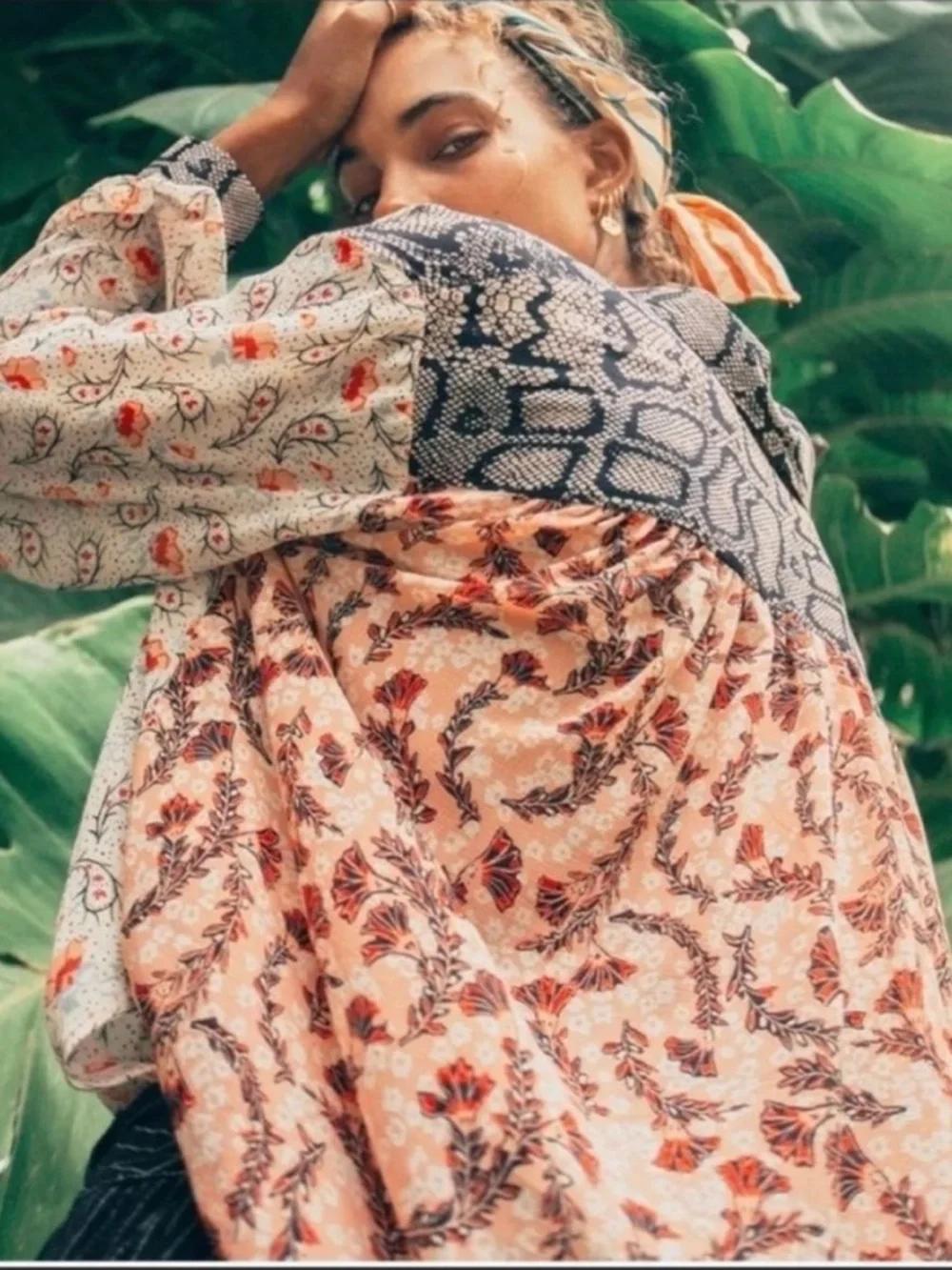 Free People Split-Print Button Front Blouse in Cream and Coral